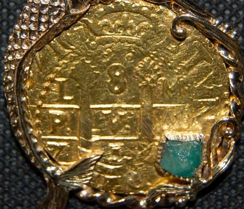 Peru 8 Escudos 1715 Gold Mermaid Bezel with Emeralds 7