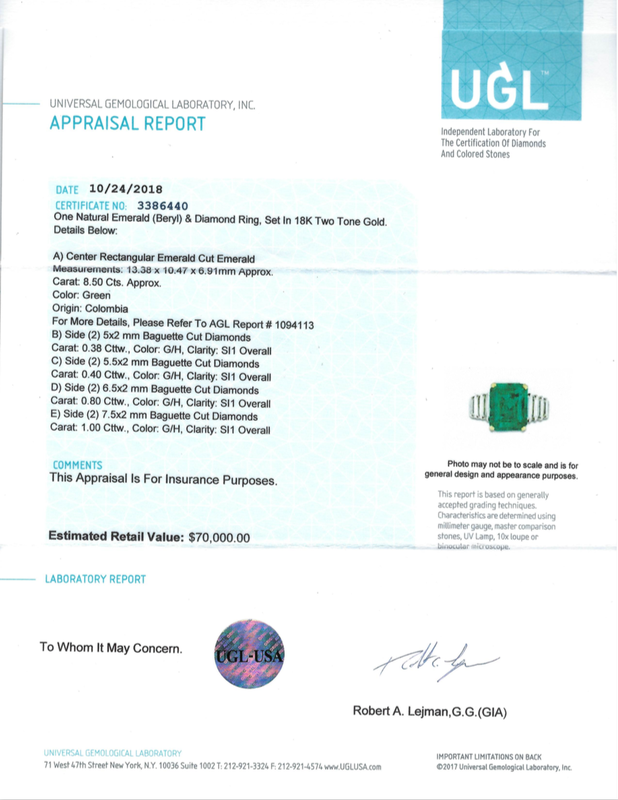 8.50 Ct Emerald & 2.5 ct Diamond Ring Appraised $70,000 9
