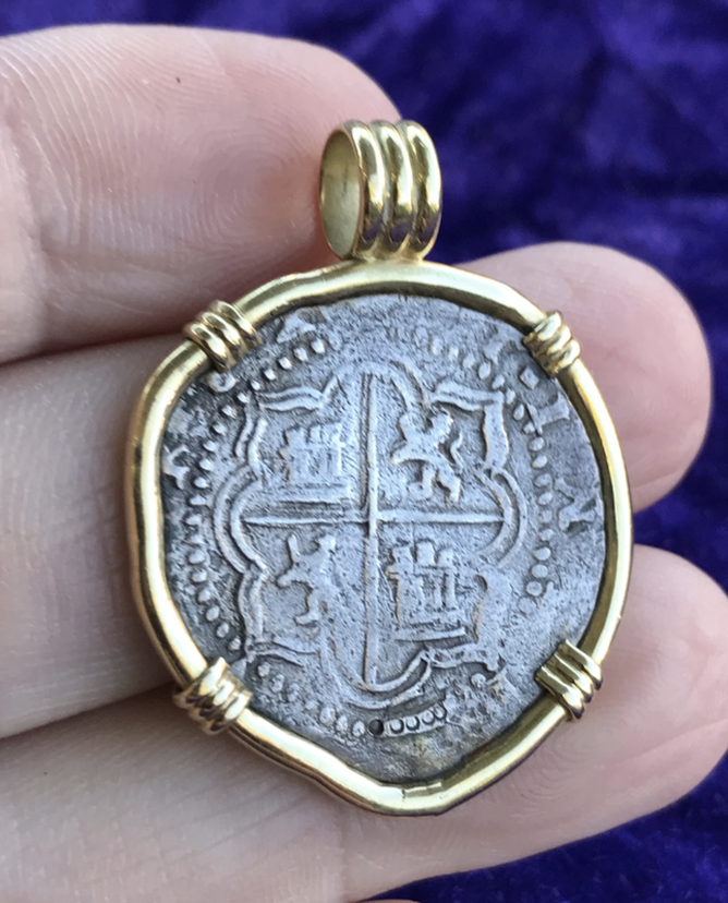 Bolivia 2 Reales Philip III 14kt Gold Bezel Pirate Gold Coins Jewelry Treasure