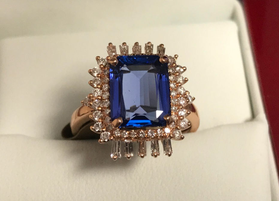 Emerald Cut Tanzanite & Diamond Ring 3.77 Carats