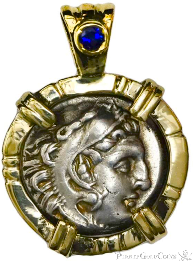 Hercules Zeus Thrace AR Drachm 290-281BC Gold and Sapphire Pendant 2