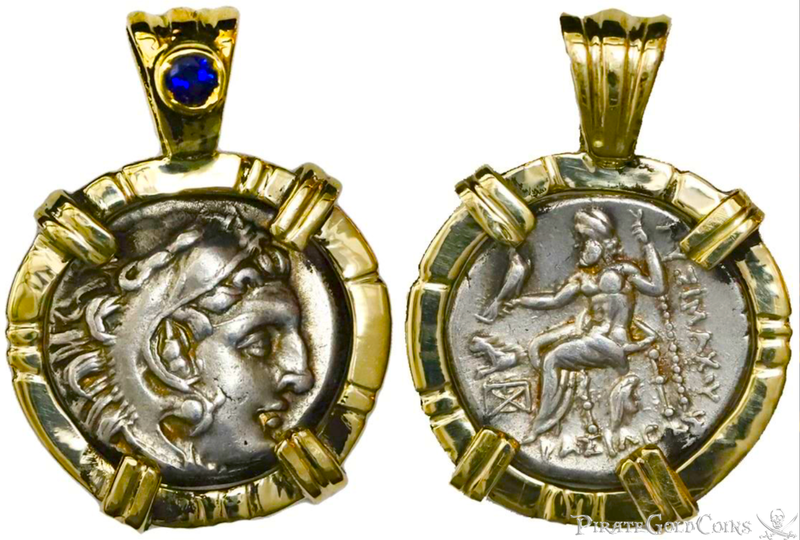 Hercules Zeus Thrace AR Drachm 290-281BC Gold and Sapphire Pendant