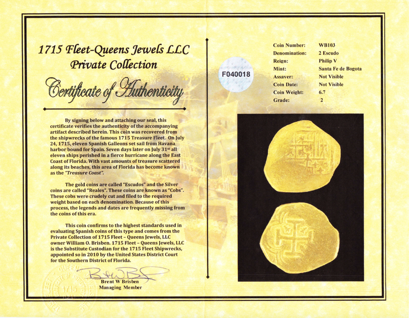 Colombia 2 Escudos 1694-1714 "1715 Fleet Shipwreck" with COA 2