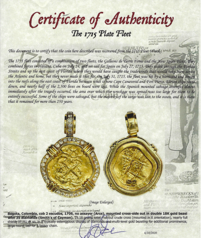 Colombia 2 Escudos 1706 "Partial Date- from 1715 Fleet Shipwreck" Diamond Bezel 6