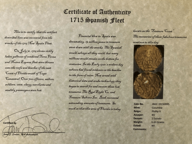 Colombia 2 Escudos 1701-48 "1715 Fleet Shipwreck" w/ COA 7