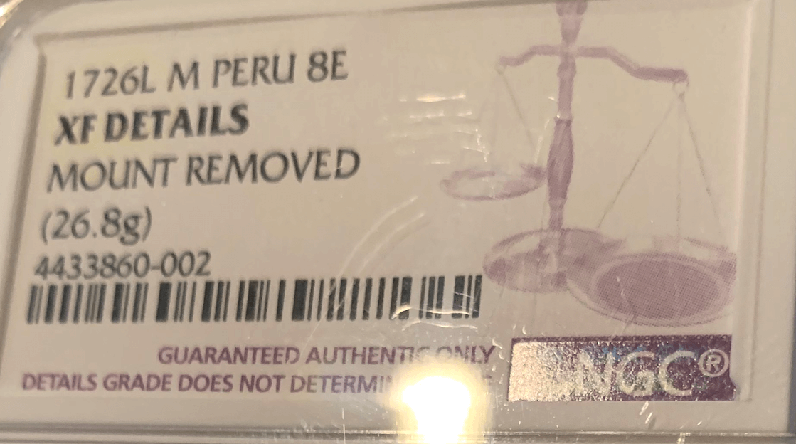 Peru 8 Escudos 1726 "Dated" Great Pendant Piece 3