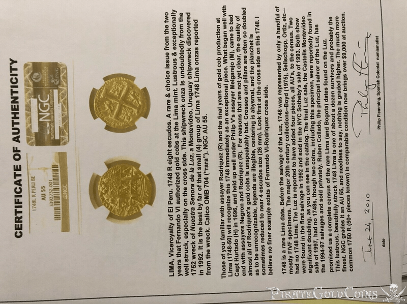 Peru 8 Escudos 1748 "La Luz Shipwreck" NGC 63 3