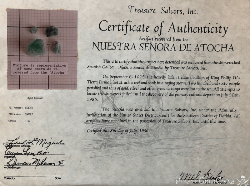 1.52 Carat Emerald from Atocha 1622 Shipwreck w/ Mel Fisher COA 4