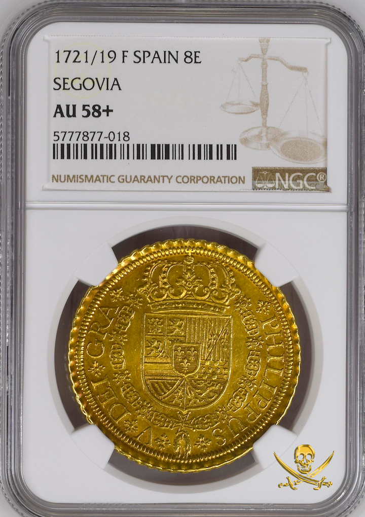 Spain 8 Escudos 1721/19 "Rare- Finest Known! Segovia Mint!" NGC 58+ 2