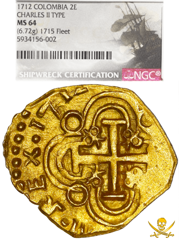 Colombia 2 Escudos 1712 "Fleet Shipwreck, 2nd Finest Known!" NGC 64 16