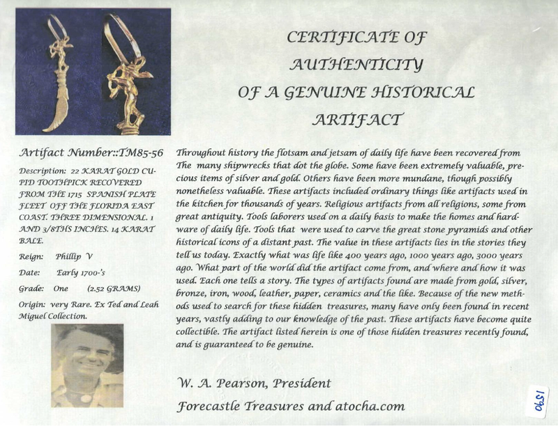 Ornate Gold Toothpick with Mercury "1715 Fleet Shipwreck" 2