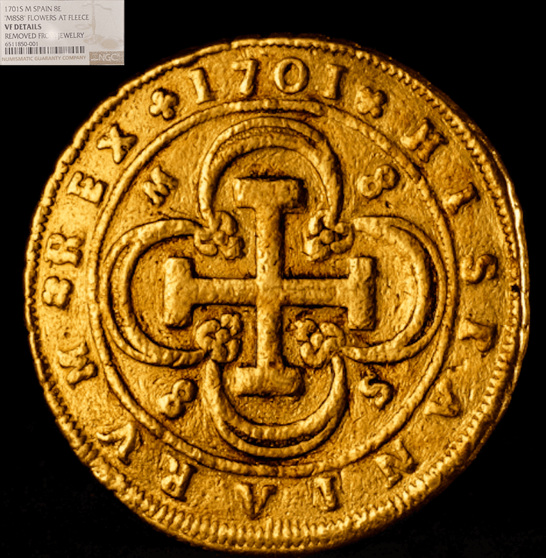 Spain 8 Escudos 1701 "1st Year Coin Type" NGC Dets 3