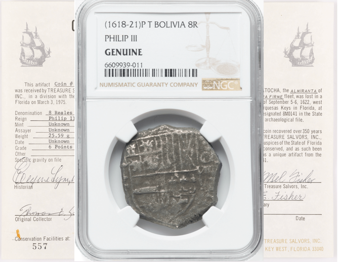 Bolivia 8 Reales 1618-21 "Hand sig. 1977 - Atocha Shipwreck" NGC Genuine