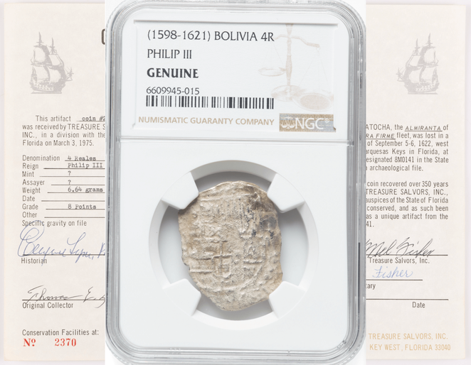 Bolivia 4 Reales 1598-1621 "Hand sig. 1977 - Atocha Shipwreck" NGC Genuine