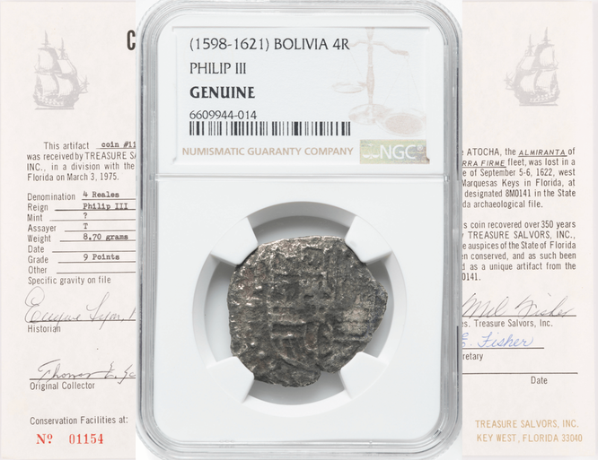 Bolivia 8 Reales 1598-1621 "Hand sig. 1977 - Atocha Shipwreck" NGC Genuine