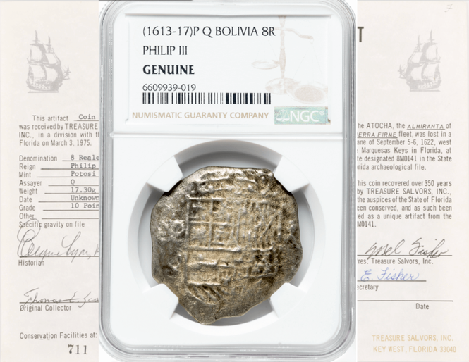 Bolivia 8 Reales 1613-17 "Hand sig. 1977 - Atocha Shipwreck" NGC Genuine