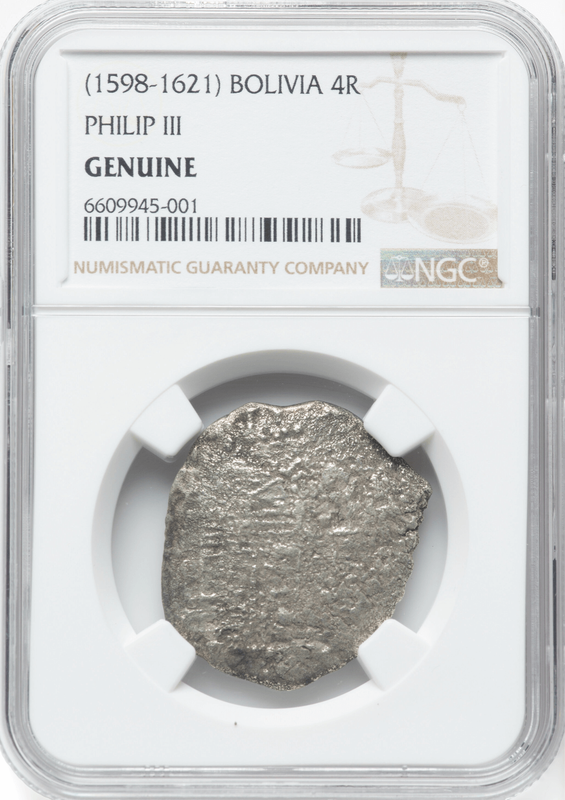 Bolivia 4 Reales 1598-1621 "Hand sig. 1982 - Atocha Shipwreck" NGC Genuine 2