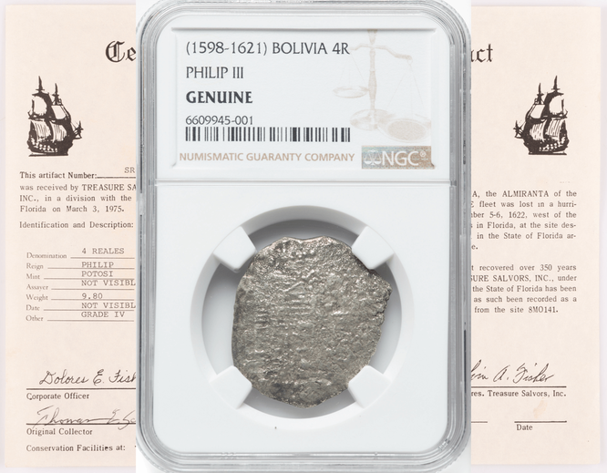 Bolivia 4 Reales 1598-1621 "Hand sig. 1982 - Atocha Shipwreck" NGC Genuine