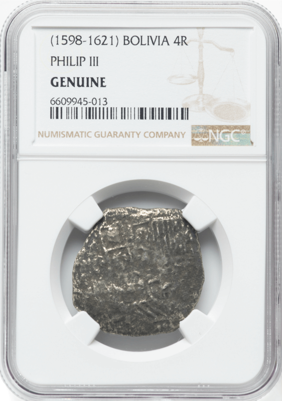 Bolivia 4 Reales 1598-1621 "Hand sig. 1975 - Atocha Shipwreck" NGC Genuine 2