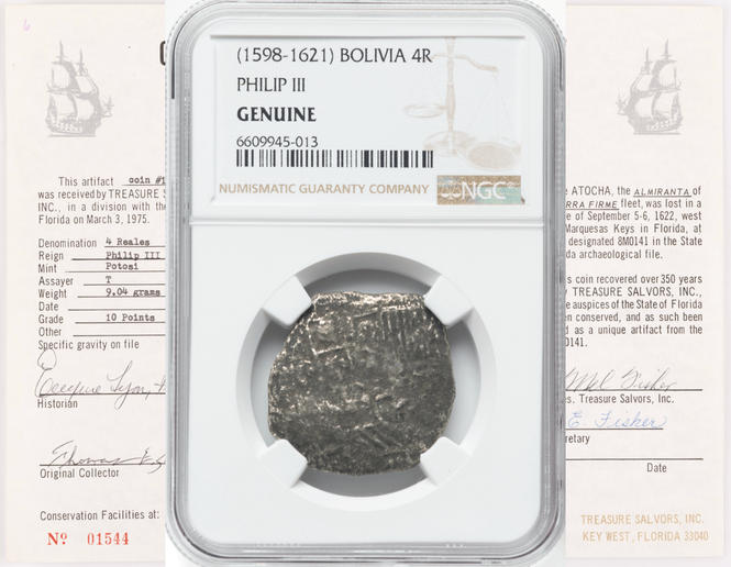 Bolivia 4 Reales 1598-1621 "Hand sig. 1975 - Atocha Shipwreck" NGC Genuine
