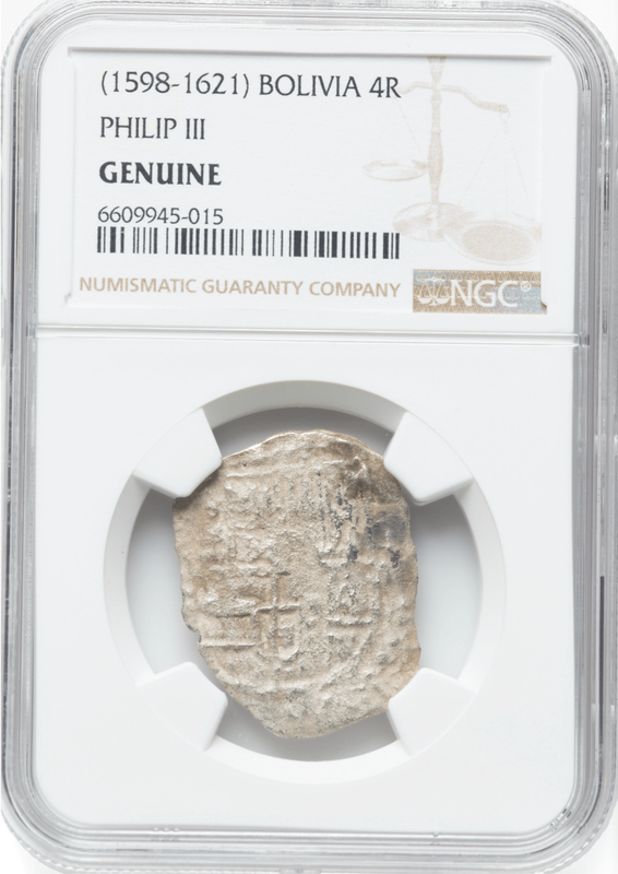 Bolivia 4 Reales 1598-1621 "Hand sig. 1977 - Atocha Shipwreck" NGC Genuine 2