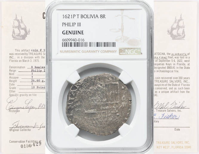 Bolivia 8 Reales 1621 "Hand sig. 1978 - Atocha Shipwreck" NGC Genuine