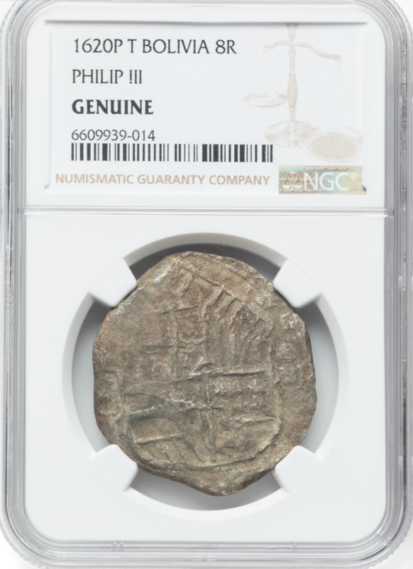 Bolivia 8 Reales 1620 "Hand sig. 1977 - Atocha Shipwreck" NGC Genuine 5