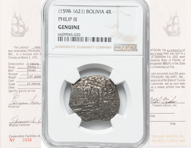 Bolivia 4 Reales 1598-1621 "Hand sig. 1976 - Atocha Shipwreck" NGC Genuine