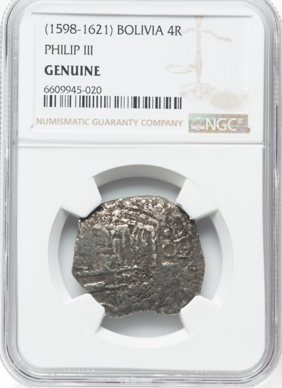 Bolivia 4 Reales 1598-1621 "Hand sig. 1976 - Atocha Shipwreck" NGC Genuine 3