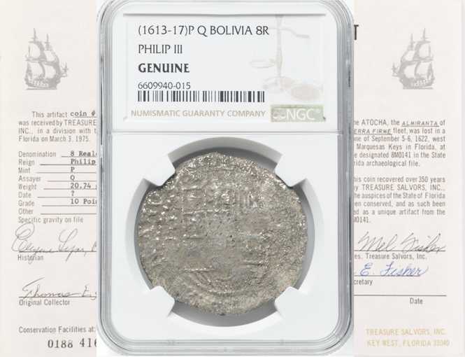 Bolivia 8 Reales 1613-17 "Hand sig. 1978 - Atocha Shipwreck" NGC Genuine