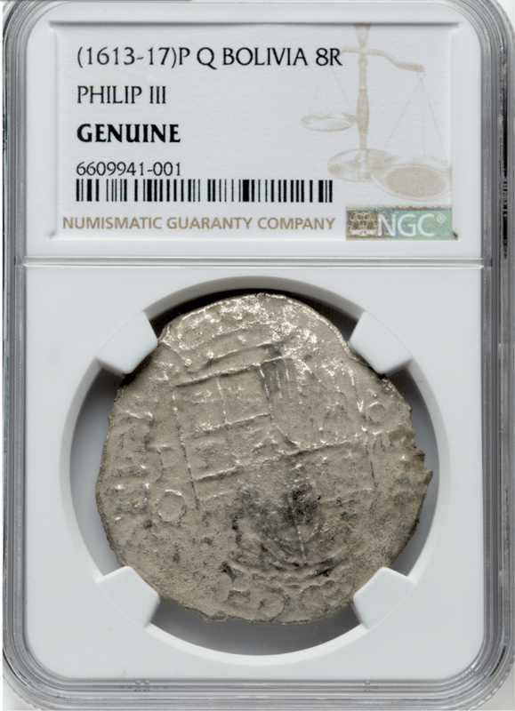 Bolivia 8 Reales 1613-17 "Hand sig. 1975 - Atocha Shipwreck" NGC Genuine 2