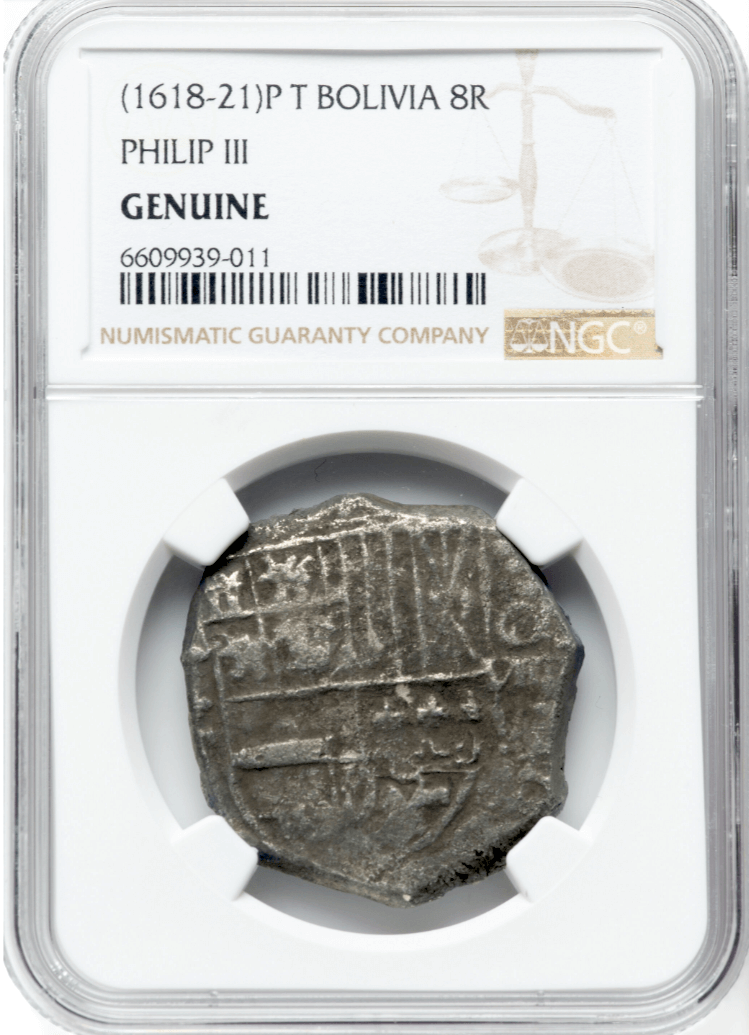 Bolivia 8 Reales 1618-21 "Hand sig. 1977 - Atocha Shipwreck" NGC Genuine 3