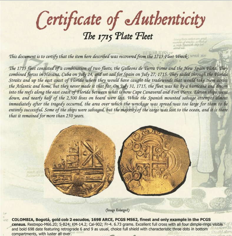 Colombia 2 Escudos 1698 "1715 Fleet Shipwreck" PCGS 62 4