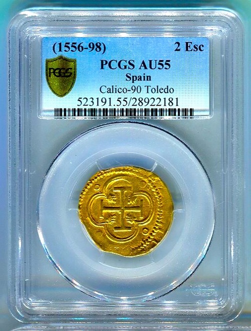 Spain 2 Escudos 1556-98 PCGS 55 Toledo Mint