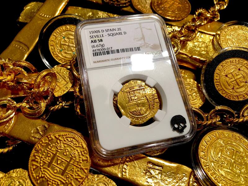 Spain Fully Dated 1590 2 Escudos NGC 58 Pirate Gold Coins Treasure 2