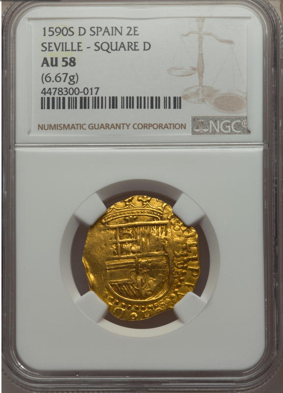 Spain Fully Dated 1590 2 Escudos NGC 58 Pirate Gold Coins Treasure 6