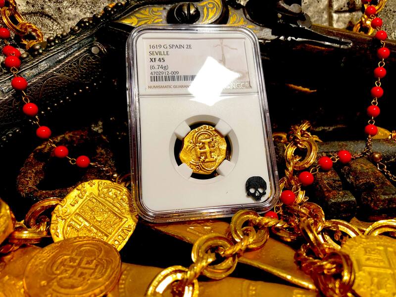 Spain 2 Escudos 1619 "Full Date" NGC 45 Pirate Gold Coins Treasure 2