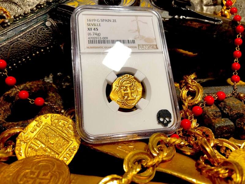 Spain 2 Escudos 1619 "Full Date" NGC 45 Pirate Gold Coins Treasure 3
