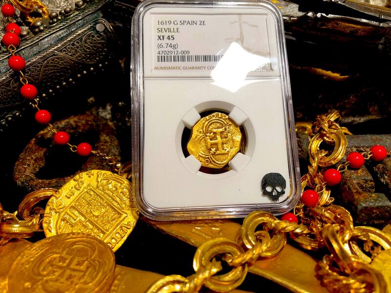 Spain 2 Escudos 1619 "Full Date" NGC 45 Pirate Gold Coins Treasure