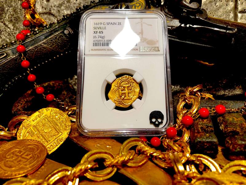 Spain 2 Escudos 1619 "Full Date" NGC 45 Pirate Gold Coins Treasure 7