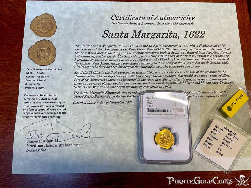 Spain 2 Escudos 1621-65 "Santa Margarita 1622 Shipwreck" NGC 64 36