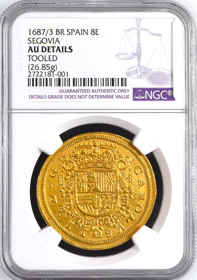 Spain  8 Escudos  1687/3  "Royal Like"  Charles II  NGC AU Dets  RARE! 10