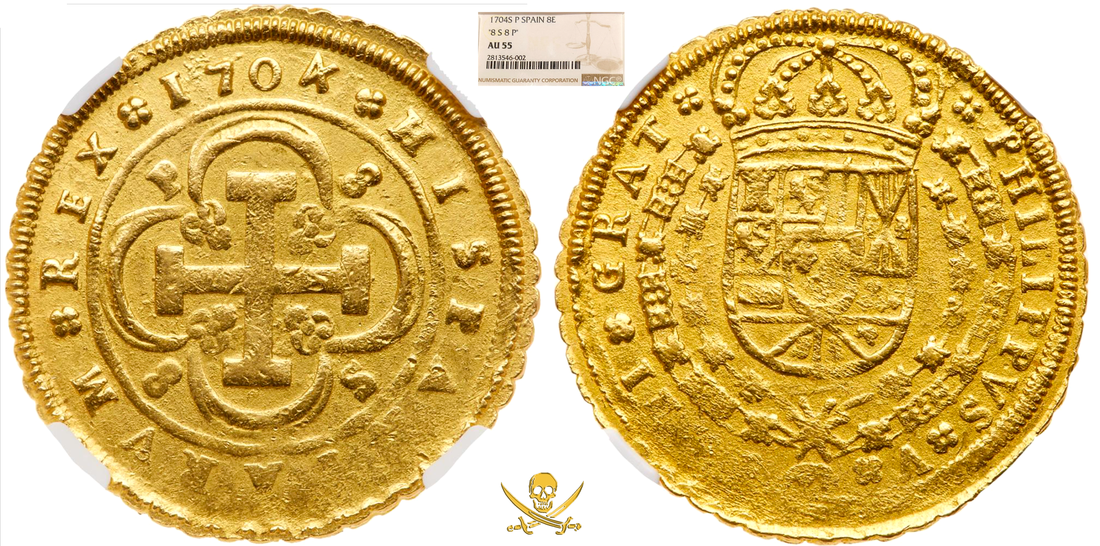 Spain 8 Escudos 1704 "Incredibly Struck Date" NGC 55