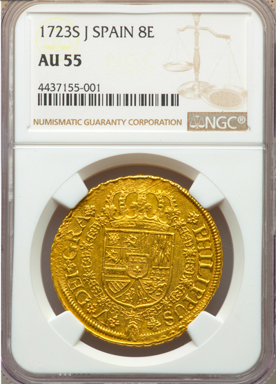 Spain  8 Escudos  1723  "Only 3 Known- Full 4 Digit Date"  NGC 55 10