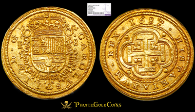Spain  8 Escudos  1687/3  "Royal Like"  Charles II  NGC AU Dets  RARE! 2